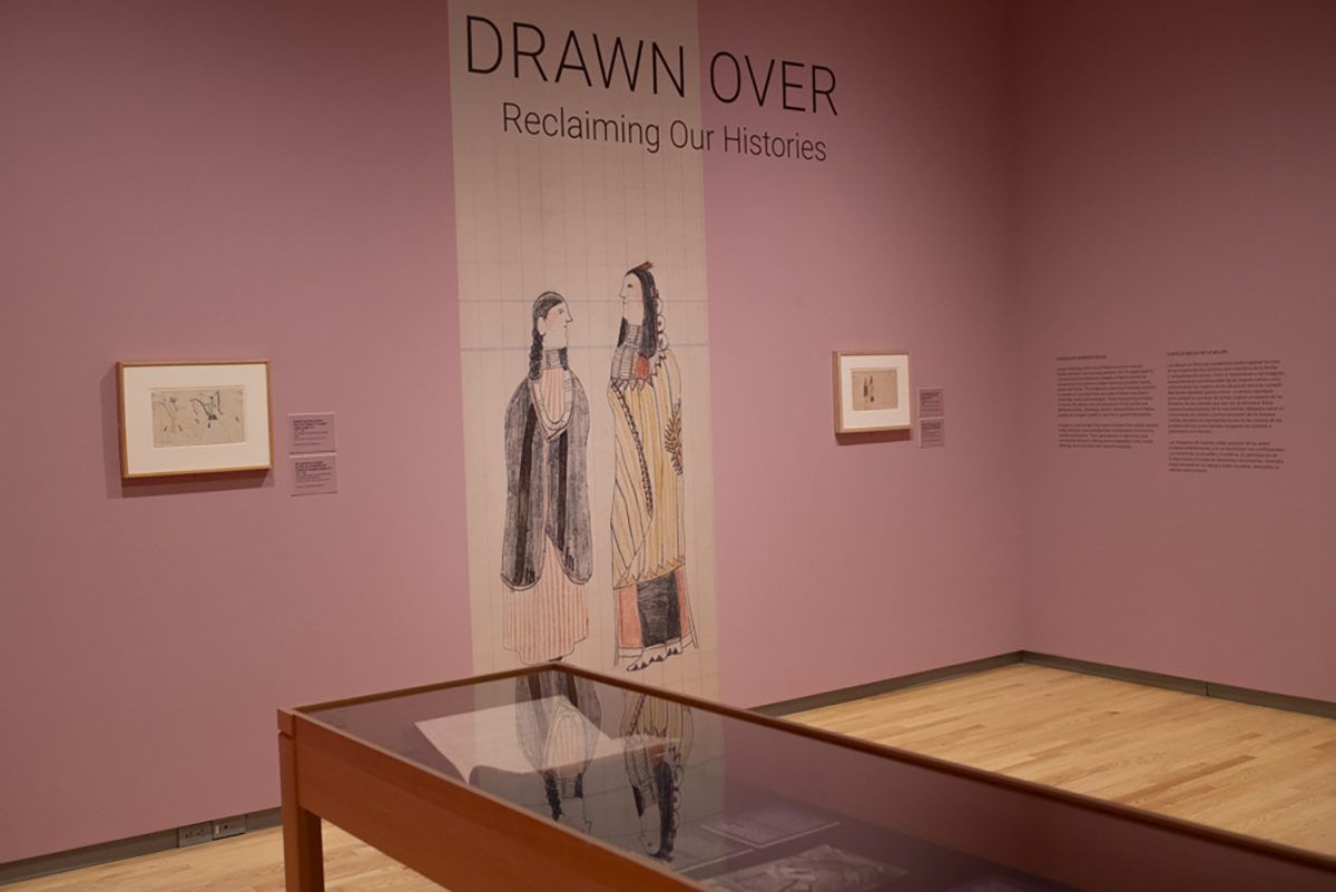 The “Drawn Over: Reclaiming Our Histories” gallery is seen at the Stanley Museum of Art in Iowa City on Friday, Dec. 1, 2023. The gallery is a collection of Native American ledger art, a Plains Indian style established in the 19th century, through which, artists told stories and documented events and achievements. The collection was curated by Dr. Jacki Thompson Rand, a member of Choctaw Nation of Oklahoma, associate vice chancellor for Native affairs, and associate professor at the University of Illinois, Urbana-Champaign. The gallery will be available for public viewing from Wednesday, Aug. 23, 2023, through January 2024.