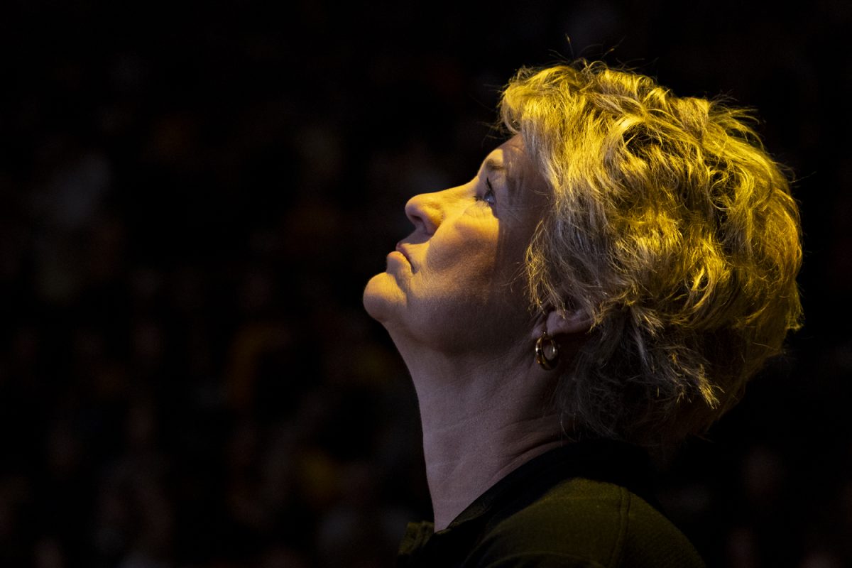Iowa head coach Lisa Bluder looks into the rafters before a women’s basketball game between No. 4 Iowa and Bowling Green at Carver-Hawkeye Arena on Saturday, Dec. 2, 2023. Saturday marks Bluder’s 501st career win. The Hawkeyes defeated the Falcons, 99-65.