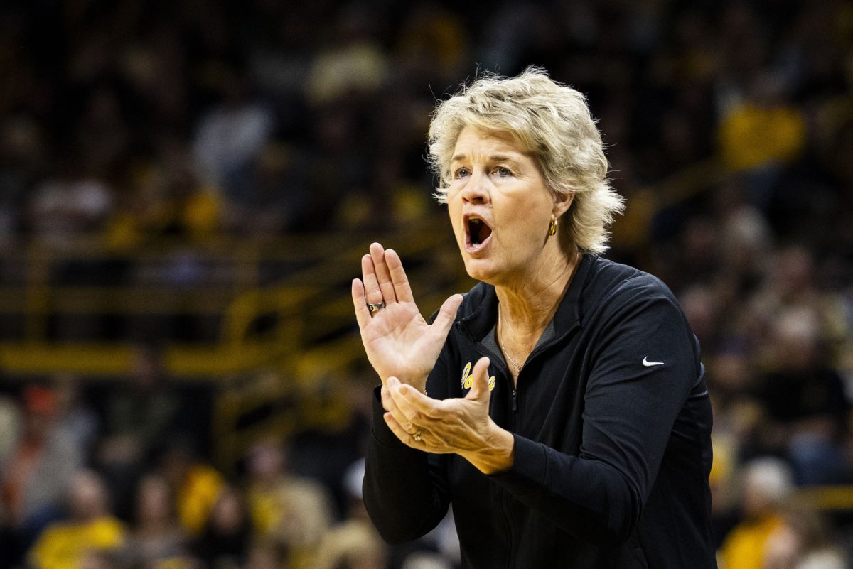 Iowa+head+coach+Lisa+Bluder+cheers+during+a+basketball+game+between+No.+4+Iowa+and+Bowling+Green+at+Carver-Hawkeye+Arena+in+Iowa+City+on+Saturday%2C+Dec.+2%2C+2023.+The+Hawkeyes+defeated+the+Falcons%2C+99-65.