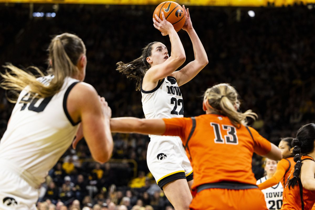 Iowa+guard+Caitlin+Clark+takes+a+shot+during+a+basketball+game+between+No.+4+Iowa+and+Bowling+Green+at+Carver-Hawkeye+Arena+in+Iowa+City+on+Saturday%2C+Dec.+2%2C+2023.+Clark+shot+10-of-20+in+field+goals%2C+scoring+24+points+for+Iowa.+The+Hawkeyes+defeated+the+Falcons%2C+99-65.