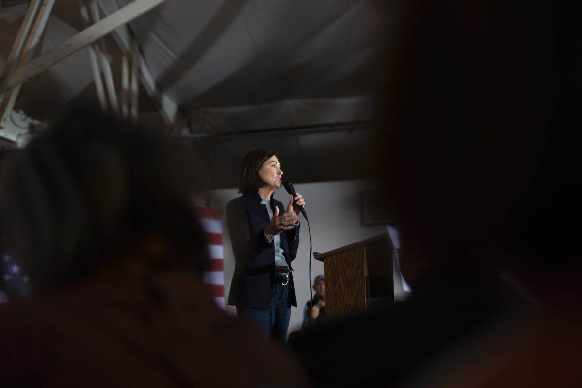Iowa Gov. Kim Reynolds endorses republican presidential candidate and Gov. Ron DeSantis during the 99th County Rally at the Thunderdome in Newton, Iowa, on Saturday, Dec. 2, 2023. Republican presidential candidate and Florida Gov. Ron DeSantis’ 99th stop in Jasper County rounds out the “full Grassley.”