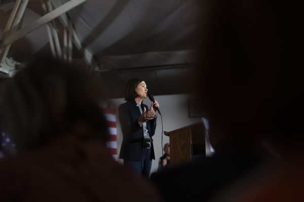 Iowa Gov. Kim Reynolds endorses republican presidential candidate and Gov. Ron DeSantis during the 99th County Rally at the Thunderdome in Newton, Iowa, on Saturday, Dec. 2, 2023. Republican presidential candidate and Florida Gov. Ron DeSantis’ 99th stop in Jasper County rounds out the “full Grassley.”
