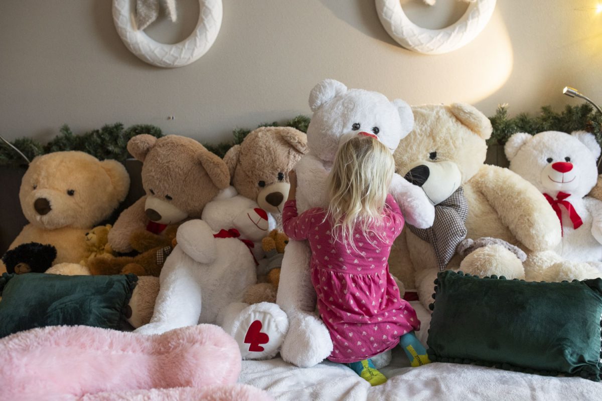 Kenzie Trana, 4, plays with teddy bears at the Teddy Bear Room at the Hilton Garden Inn in Iowa City on Monday, Dec. 4, 2023. Room 1105 at the Hilton Garden Inn is filled with hundreds of teddy bears for the holiday season. The room is open to the public from Nov. 26 through Jan. 1 at no cost. (Emily Nyberg/The Daily Iowan)