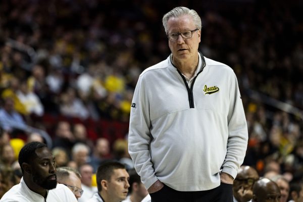 Iowa head coach Fran McCaffery reacts during game one of the Hy-Vee Hawkeye Showcase between Iowa men’s basketball andFlorida A&M at Wells Fargo Arena in Des Moines, Iowa, on Saturday, Dec. 16, 2023. The Hawkeyes defeated the Rattlers 88-52.