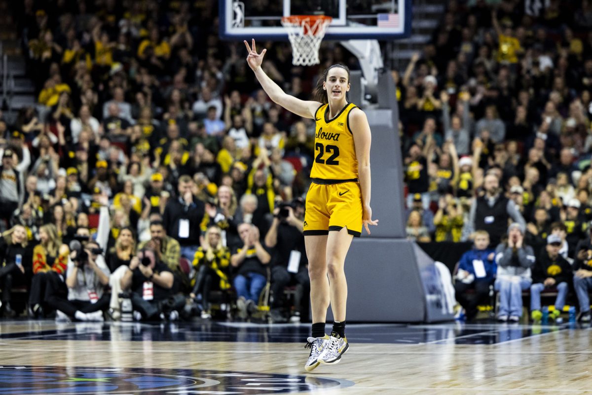 Iowa guard Caitlin Clark celebrates during game two of the Hy-Vee Hawkeye Showcase between No. 4 Iowa women’s basketball and Cleveland State at Wells Fargo Arena in Des Moines, Iowa, on Saturday, Dec. 16, 2023. Clark played for 30 minutes and 36 seconds. The Hawkeyes defeated the Vikings, 104-75.