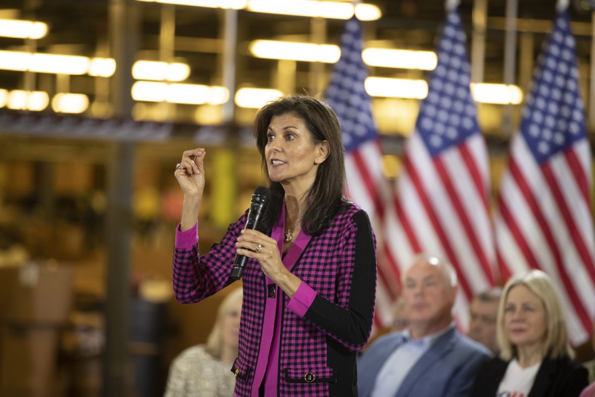 Nikki Haley speaks to the audience during a Women for Nikki town hall in Davenport on Wednesday, Dec. 20, 2023. Haley spoke about her goals as president including veteran care, securing the border, and abortion laws 