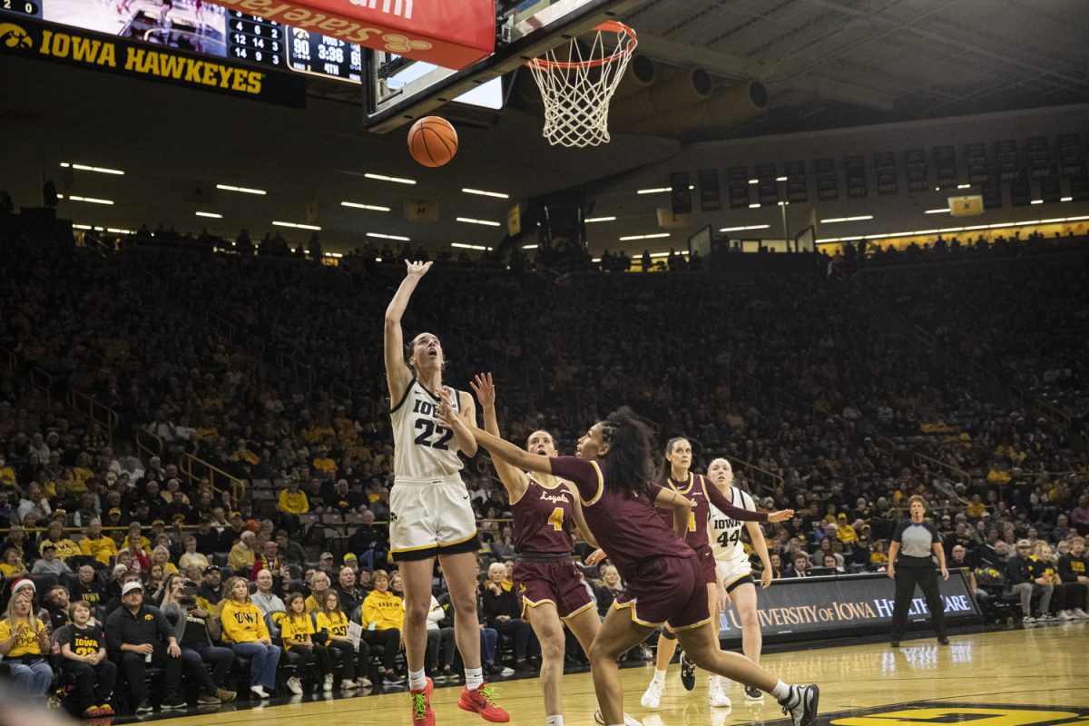 Iowa+guard+Caitlin+Clark+shoots+the+ball+during+a+women%E2%80%99s+basketball+game+between+No.4+Iowa+and+Loyola-Chicago+at+Carver-Hawkeye+Arena+on+Thursday%2C+Dec.+21%2C+2023.+The+Hawkeyes+defeated+the+Ramblers%2C+98-69.+Clark+completed+17+rebounds.