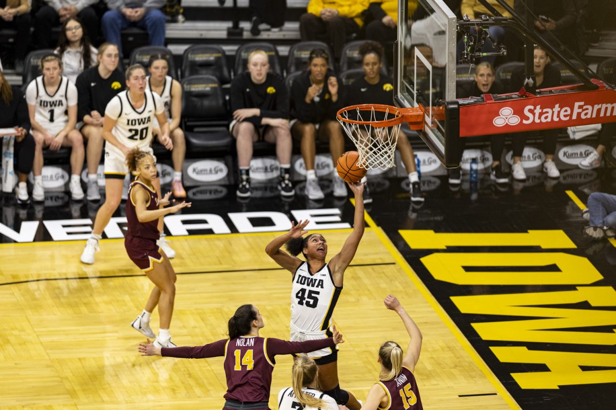 Iowa forward Hannah Stuelke goes in for a layup during a women’s basketball game between No. 4 Iowa and Loyola-Chicago at Carver-Hawkeye Arena on Thursday, Dec. 21, 2023. The Hawkeyes defeated the Ramblers, 98-69. Stuelke played for 25 minutes.