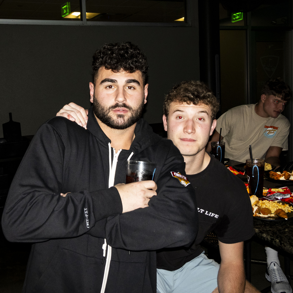 Iowa wide receivers Nico Ragaini and Graham Friedrichsen pose for a photo during an event at Topgolf before the 2024 Cheez-It Citrus Bowl in Orlando, Fla., on Friday, Dec. 29, 2023. The Hawkeyes and Volunteers match up at Camping World Stadium on Monday, Jan. 1, at noon CT. 