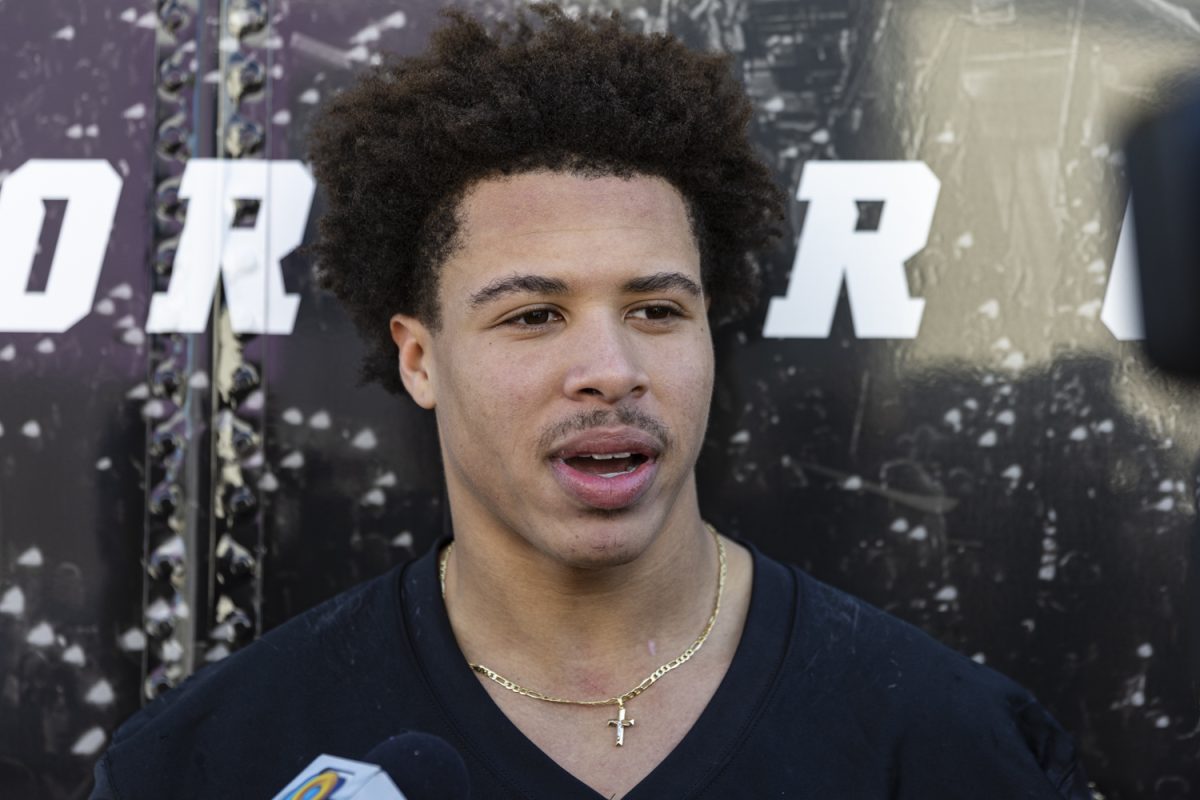 Iowa defensive back Koen Entringer speaks with members of the media after an Iowa football practice at Celebration High School in Celebration, Fla., on Friday, Dec. 29, 2023. Iowa plays Tennessee in the 2024 Cheez-It Citrus Bowl at Camping World Stadium on Monday, Jan. 1, at noon CT. 