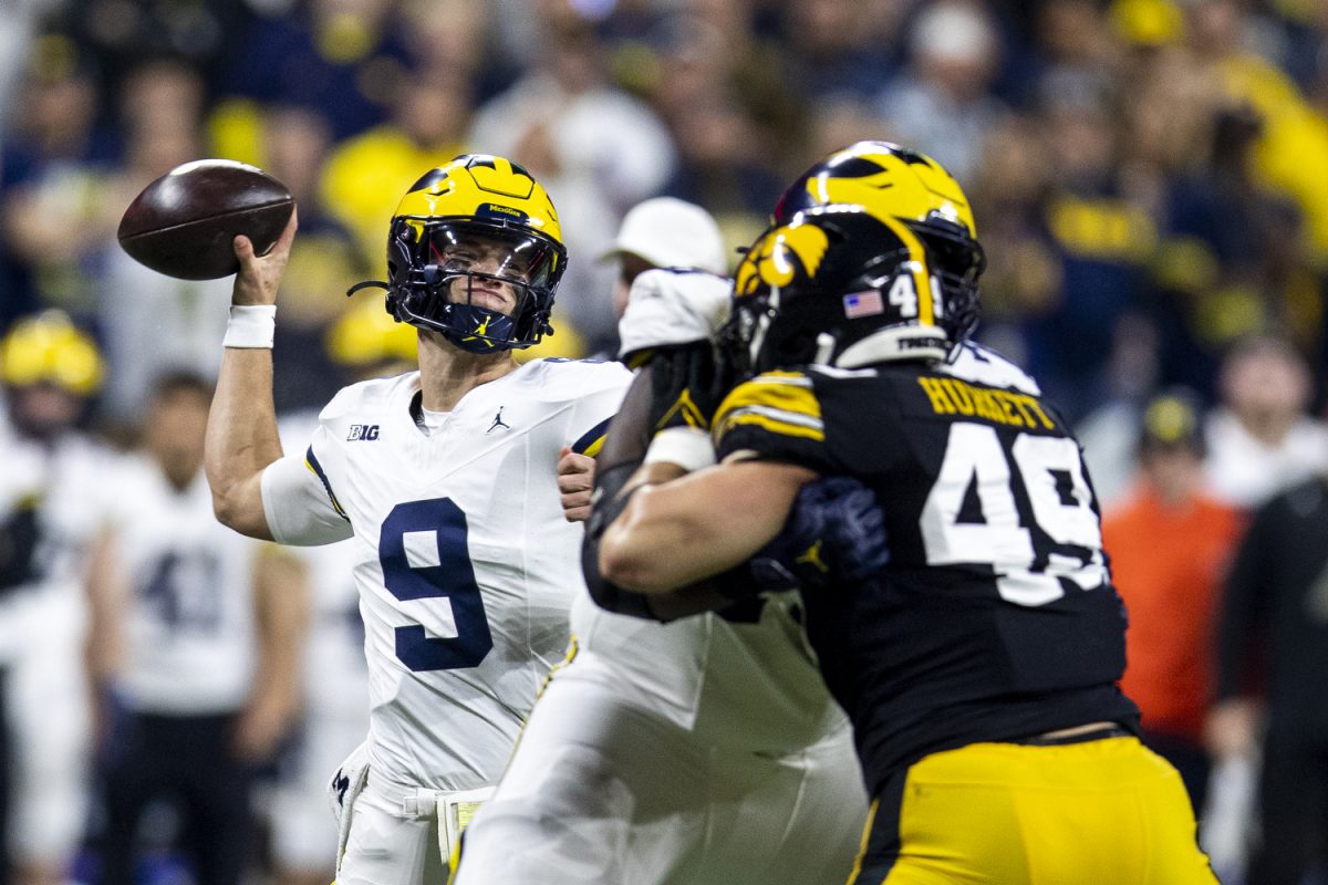 Michigan+quarterback+J.J.+McCarthy+prepares+to+throw+the+ball+during+a+football+game+between+No.+18+Iowa+and+No.+2+Michigan+at+Lucas+Oil+Stadium+in+Indianapolis+on+Saturday%2C+Dec.+2%2C+2023.+The+Wolverines+lead+the+Hawkeyes%2C+10-0%2C+after+the+first+half+%28Cody+Blissett%2FThe+Daily+Iowan%29
