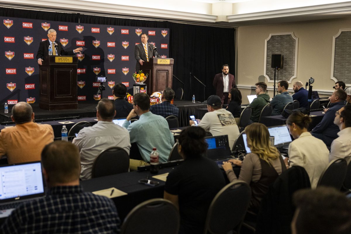 Iowa head coach Kirk Ferentz answers a question during a press conference with head coaches at the Rosen Plaza Hotel in Orlando, Fla., on Sunday, Dec. 31, 2023. The teams match up at Camping World Stadium on Monday, Jan. 1, at noon CT. My only request for our players, particularly the last ten days was if you have not made a decision,
compartmentalize that stuff, Ferentz said. 