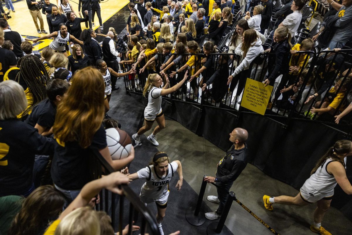 Iowa walks out of the arena after a home opener basketball game between No. 3 Iowa and Fairleigh Dickinson at Carver-Hawkeye Arena on Monday, Nov. 6, 2023. The Hawkeyes, defeated the Knights, 102-46. 