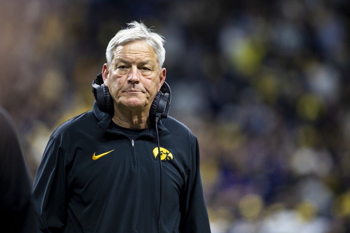 Iowa+head+coach+Kirk+Ferentz+walks+on+the+sideline+during+a+football+game+between+No.+18+Iowa+and+No.+2+Michigan+at+Lucas+Oil+Stadium+in+Indianapolis+on+Saturday%2C+Dec.+2%2C+2023.+The+Wolverines+defeated+the+Hawkeyes%2C+26-0.