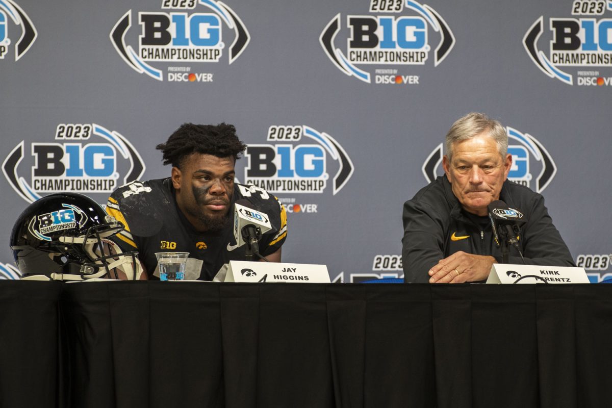 Iowa+Head+Coach+Kirk+Ferentz+and+Iowa+linebacker+Jay+Higgins+speak+in+a+press+confrence+after+the+Big+Ten+football+championship+game+between+No.18+Iowa+and+No.+2+Michigan+at+Lucas+Oil+Stadium+in+Indianapolis+on+Saturday%2C+Dec.+2%2C+2023.+The+Wolverines+defeated+the+Hawkeyes+26-0.