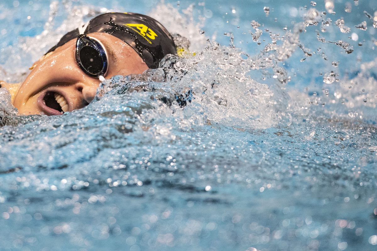 Iowa’s Alix O’Brien races in the 500 free during day one of three of the Hawkeye Invitational at the University of Iowa Campus Recreation and Wellness Center on Thursday, Nov. 30, 2023. Iowa competed against Northern Iowa, Iowa State, Coe College, Nebraska, Rutgers, New Mexico State, and Colorado State. O’Brien placed sixth with a time of 4:55.19. The Hawkeyes won the first day with 229 points with the Cornhuskers in second with 188 points.