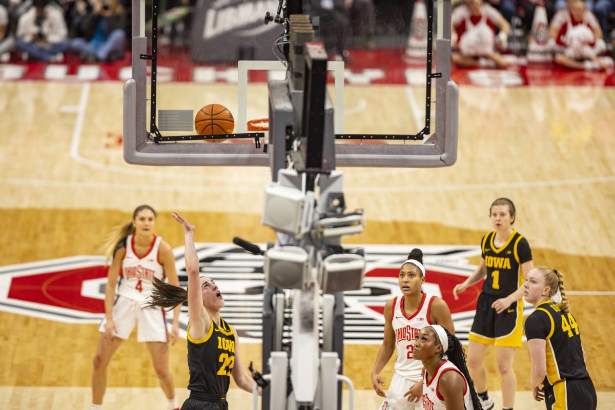 Iowa guard Caitlin Clark goes in for a layup during a basketball game between No. 2 Iowa and No. 18 Ohio State at Value City Arena in Columbus, Ohio, on Sunday, Jan. 21, 2024.