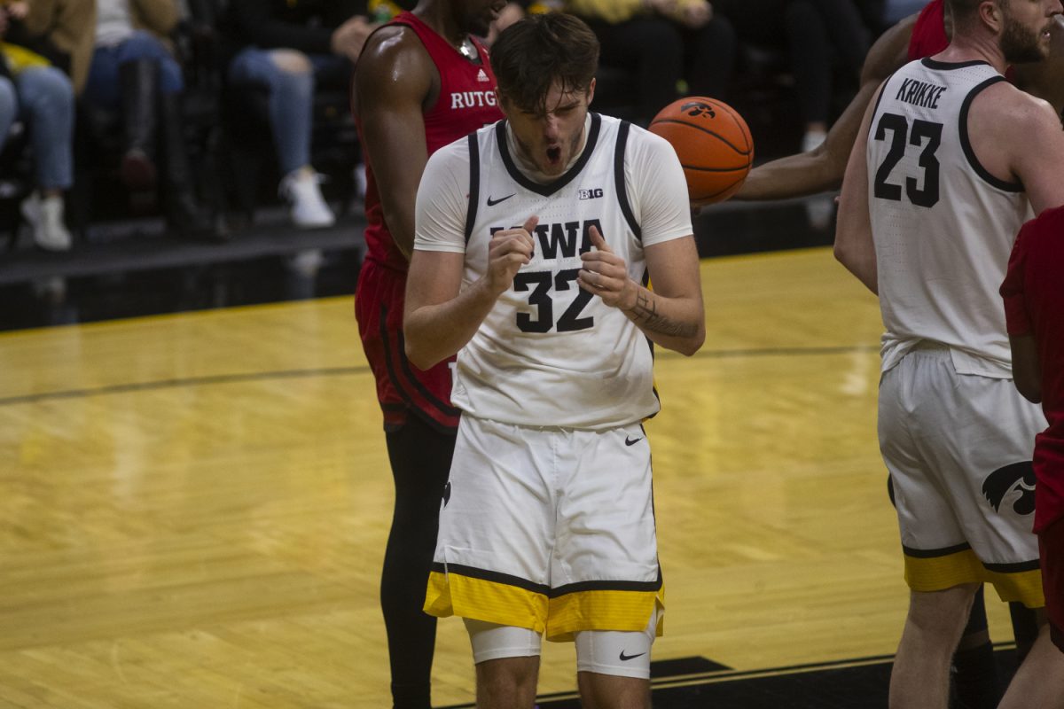 Iowa Forward Owen Freeman after getting a foul call on his layup during a men’s basketball game between Iowa and Rutgers at Carver-Hawkeye Arena on Friday, Jan. 6. The Hawkeyes defeated the Scarlet Knights, 86-77. 
