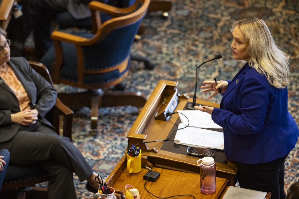 Iowa Rep. Jennifer Konfrst, D-Windsor Heights, speaks during the first day of the 2024 Iowa legislative session at the Iowa State Capitol in Des Moines on Monday, Jan. 8, 2024. Konfrst has served in the house since 2019.