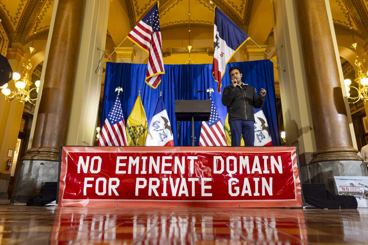 Republican presidential candidate Vivek Ramaswamy speaks during the “No Eminent Domain! No Carbon Pipelines!” Rally at the Iowa State Capitol in Des Moines on Wednesday, Jan. 10, 2024. Ramaswamy did not qualify for the Republican presidential debate in Iowa later that night.