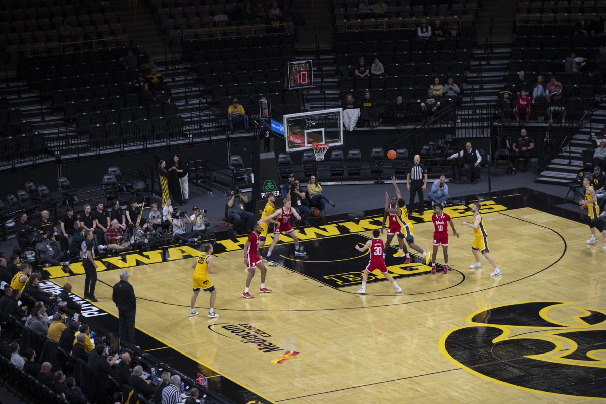 Iowa+guard%2C+Tony+Perkins+shoots+the+ball+during+a+men%E2%80%99s+basketball+game+between+Iowa+and+Nebraska+at+Carver-Hawkeye+Arena+on+Friday%2C+Jan.+12%2C+2024.+The+Hawkeyes+defeated+the+Cornhuskers%2C+94-76.+