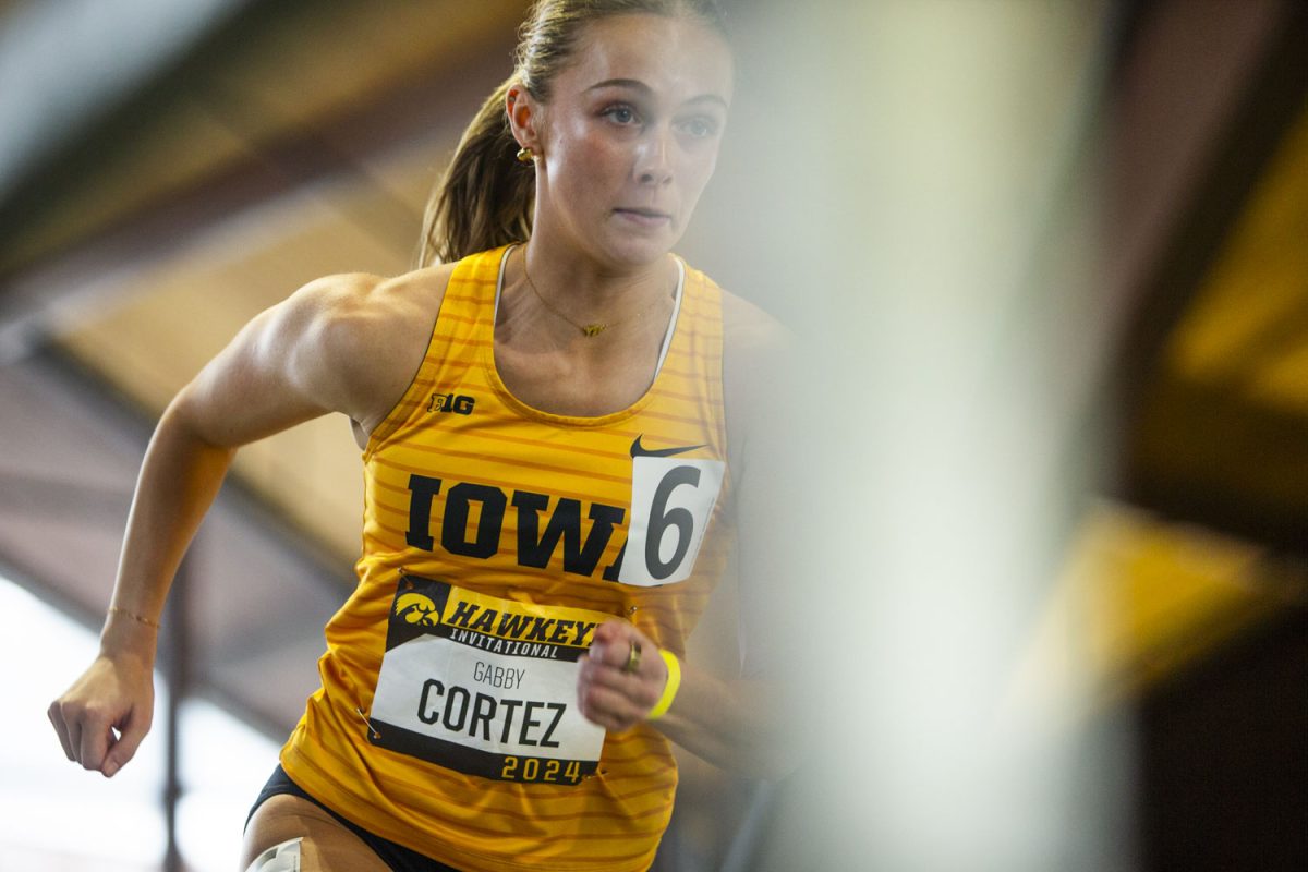 Iowa mid distance runner Gabby Cortez competes in the 600m during the 2024 Hawkeye Invitational at the Hawkeye Indoor Track Facility on Saturday, Jan. 13, 2024. The Hawkeyes hosted ten schools to compete in a variety of field and running events.