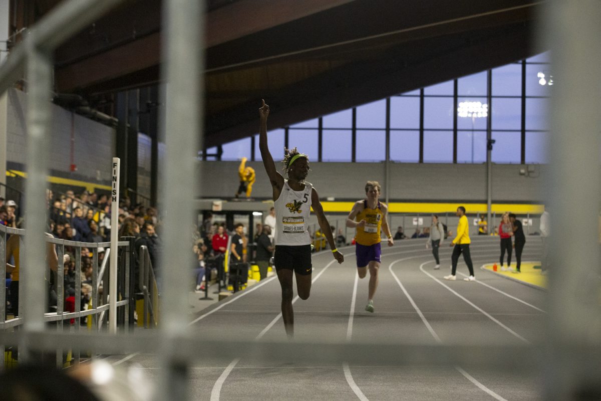 Iowa’s Kai Graves-Blanks competes in the Men’s 200m during the first day of the Larry Wieczorek invitational at the Hawkeye Indoor Track and Field Facility on, Jan. 19, 2024. The Hawkeyes hosted Western Illinois, Wisconsin, Bradley, Indian Hills, Illinois, Illinois State, Minnesota State, Minnesota State, Mount Mercy, and Northern Iowa.