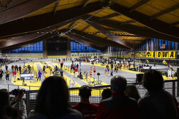 Fans watch the Larry Wieczorek Invitational Multi at the Hawkeye Indoor Track Facility in Iowa City on Saturday, Jan. 20, 2024.