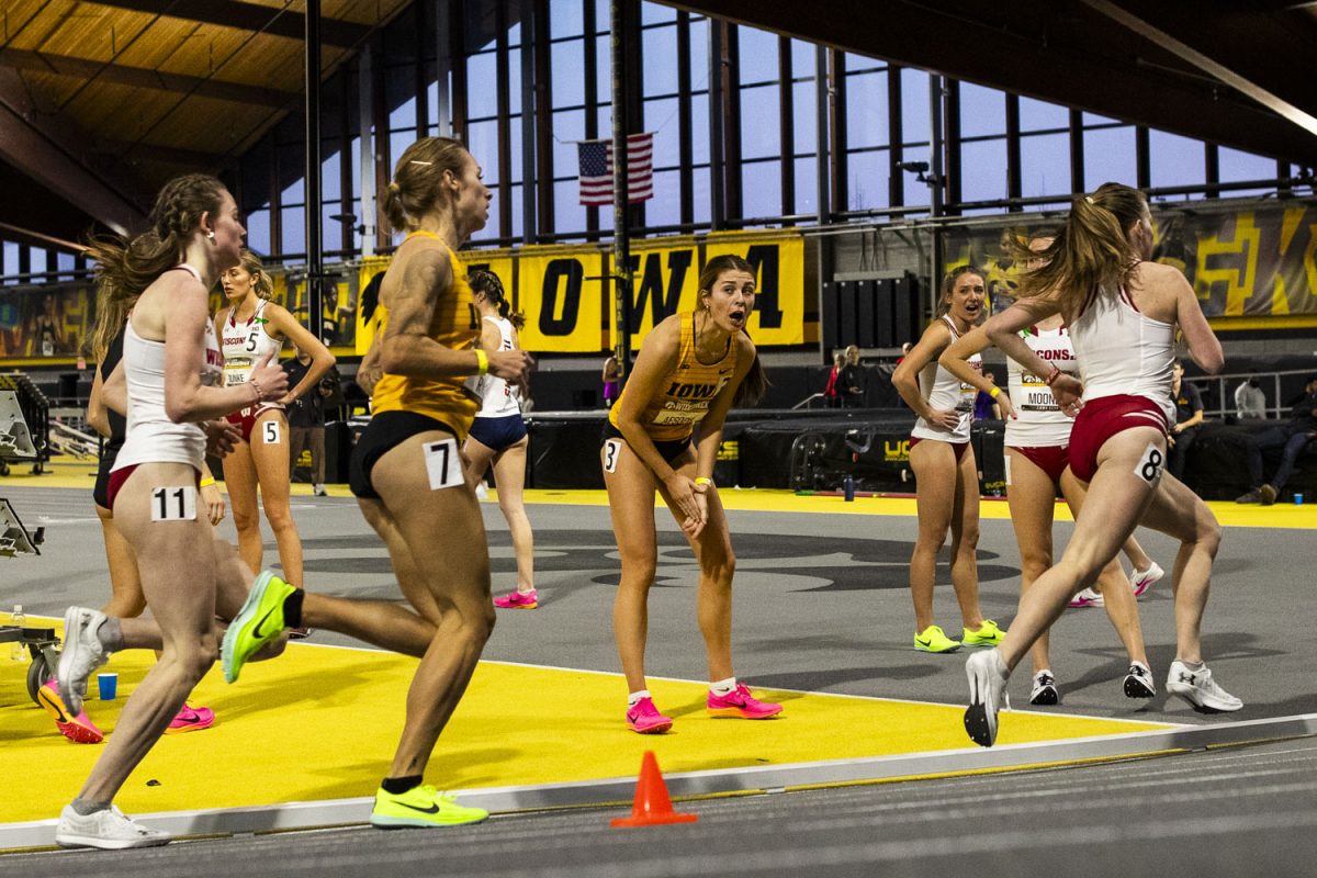 Iowa%E2%80%99s+Amber+Aesoph+cheers+on+runners+during+the+women%E2%80%99s+mile+during+the+Larry+Wieczorek+Invitational+%26+Multi+at+the+Hawkeye+Indoor+Track+Facility+in+Iowa+City+on+Saturday%2C+Jan.+20%2C+2024.