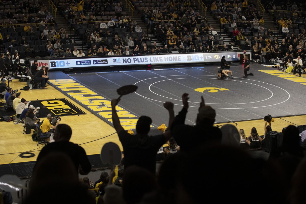 Fans+celebrate+after+a+win+by+Iowa%E2%80%99s+NCAA+No.+2+101-pound+Sterling+Dias+during+the+Iowa+Duals+between+No.+1+Iowa%2C+Life+University%2C+and+Missouri+Valley+College+at+Carver-Hawkeye+Arena+on+Sunday%2C+Jan.+21%2C+2024.+The+Hawkeyes+defeated+Missouri+Valley%2C+42-0%2C+and+Life+University+%2C35-6.