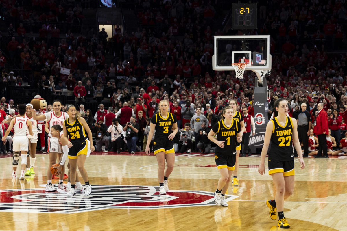 Members of the Iowa women’s basketball team walk off the court during a basketball game between No. 2 Iowa and No. 18 Ohio State at Value City Arena in Columbus, Ohio, on Sunday, Jan. 21, 2024. The Buckeyes defeated the Hawkeyes, 100-92. 