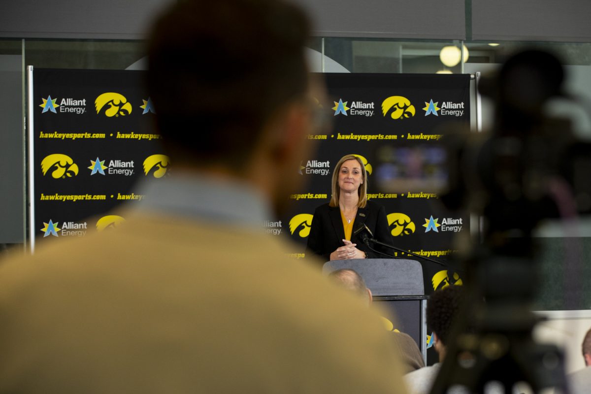 University of Iowa Athletic Director Beth Goetz speaks during an introductory press conference while being recorded at Carver-Hawkeye Arena on Tuesday, Jan. 23, 2024. Goetz is the currently the only woman in the Big Ten conference to serve in the role of athletic director.