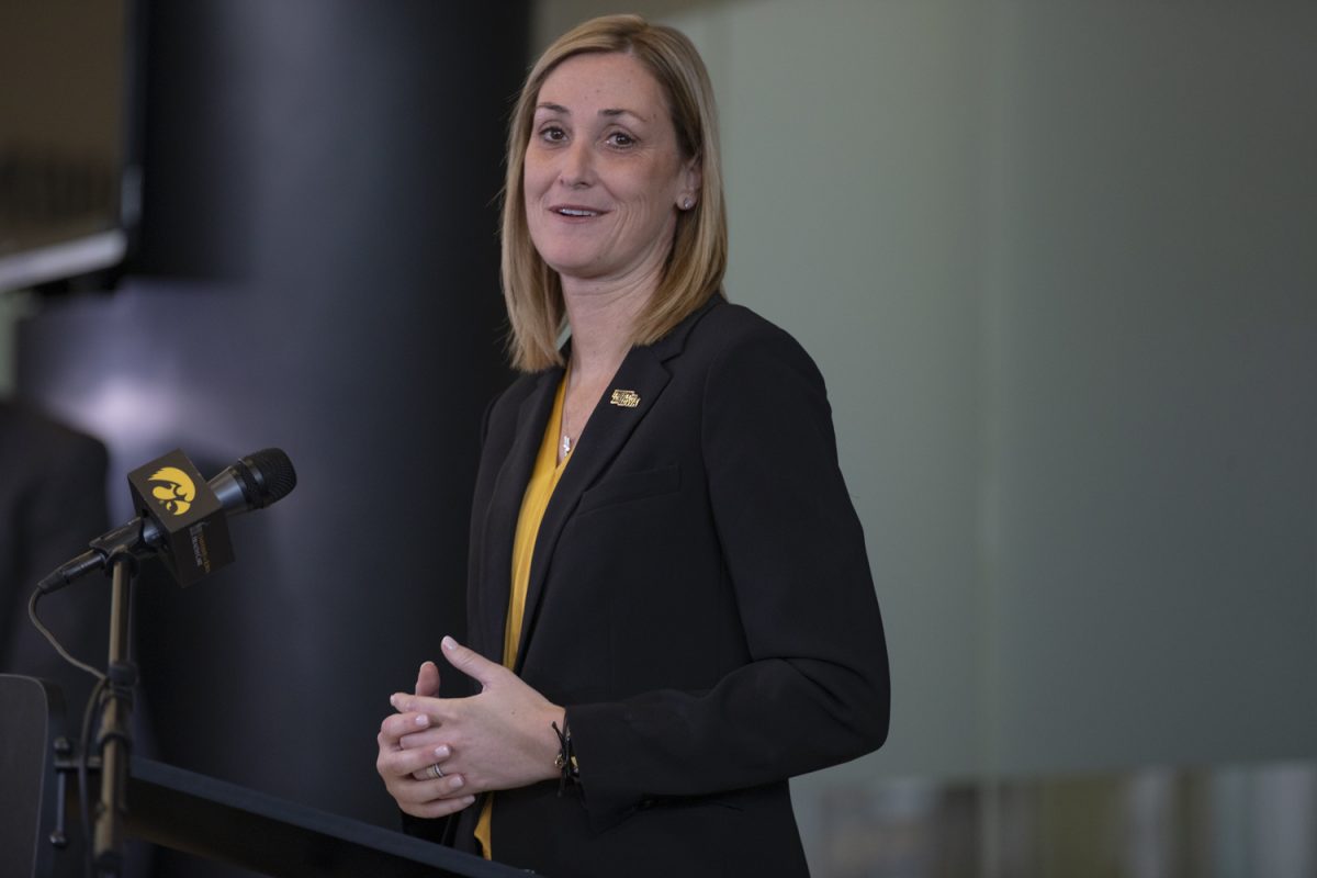 University of Iowa Athletic Director Beth Goetz speaks during an introductory press conference at Carver-Hawkeye Arena on Tuesday, Jan. 23, 2024. Goetz is the first woman in the Big Ten conference to be hired into the roll of athletic director.