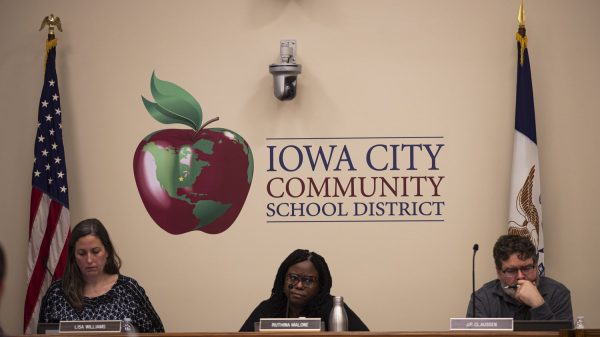Iowa City Community School District Board member Lisa Williams, President Ruthina Malone, and Vice-President J.P. Claussen as seen at the Educational Services Center, on Tuesday, Jan. 23, 2024.
