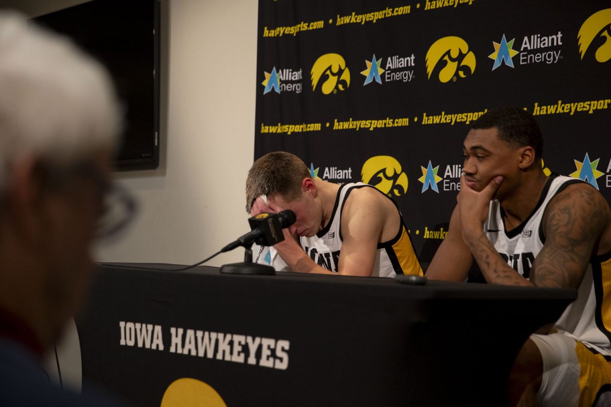 Iowa forward Payton Sandfort reacts after being asked about his attempted game-winning shot after a men’s basketball game between the Iowa Hawkeyes and the Maryland Terrapins at Carver-Hawkeye Arena on Wednesday, Jan. 24, 2024. The Terrapins defeated the Hawkeyes 69-67.