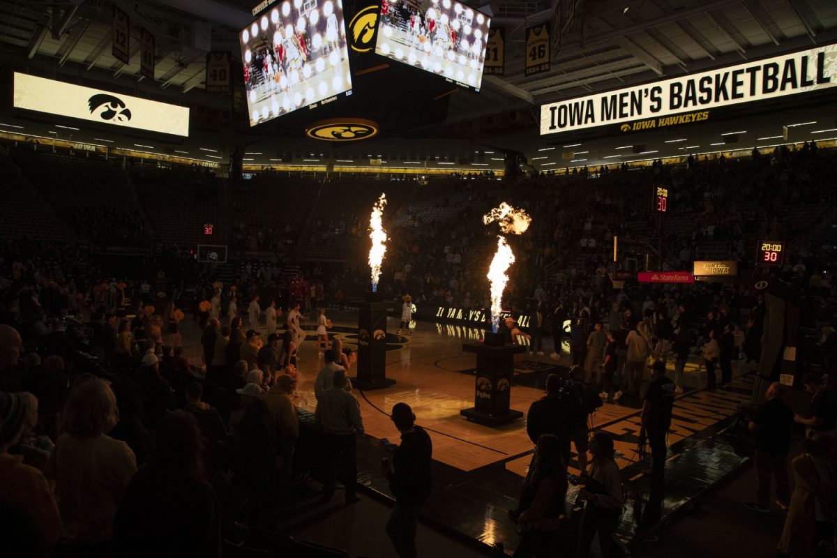 Iowa+starters+take+the+court+before+a+mens+basketball+game+between+the+Iowa+Hawkeyes+and+the+Maryland+Terrapins+at+Carver-Hawkeye+Arena+on+Wednesday%2C+Jan.+24%2C+2024.+The+Terrapins+defeated+the+Hawkeyes+69-67.%0A