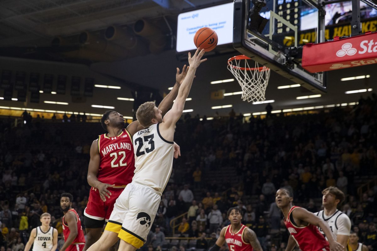 Iowa forward Ben Krikke attempts a layup during a mens basketball game between the Iowa Hawkeyes and the Maryland Terrapins at Carver-Hawkeye Arena on Wednesday, Jan. 24, 2024. The Terrapins defeated the Hawkeyes, 69-67.