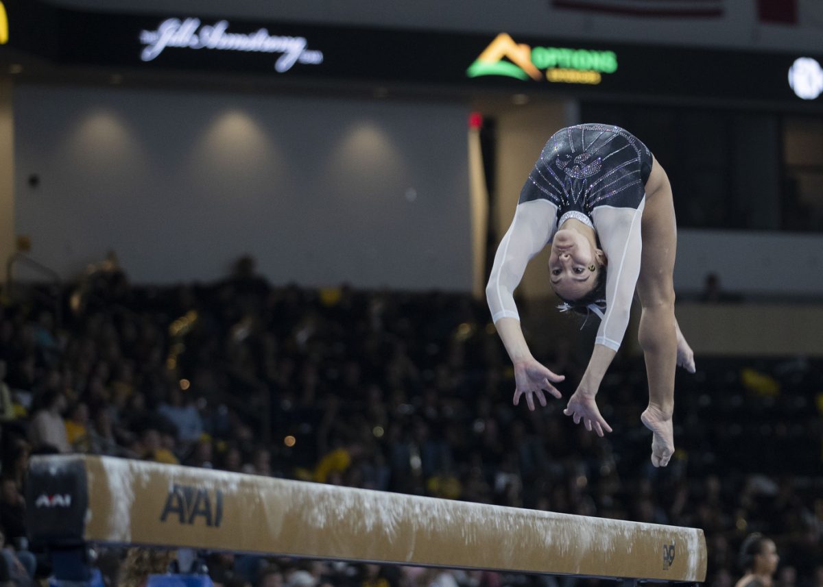 Iowa all-around gymnast Ilka Juk competes in beam during a gymnastics meet between No. 20 Iowa and No. 41 Southern Utah at Xtream Arena in Coralville on Friday, Jan. 26, 2024. The Hawkeyes defeated the Thunderbirds 195.800 to 195.425. Volpe scored 9.750 on her beam routine.  (Isabella Tisdale/The Daily Iowan)