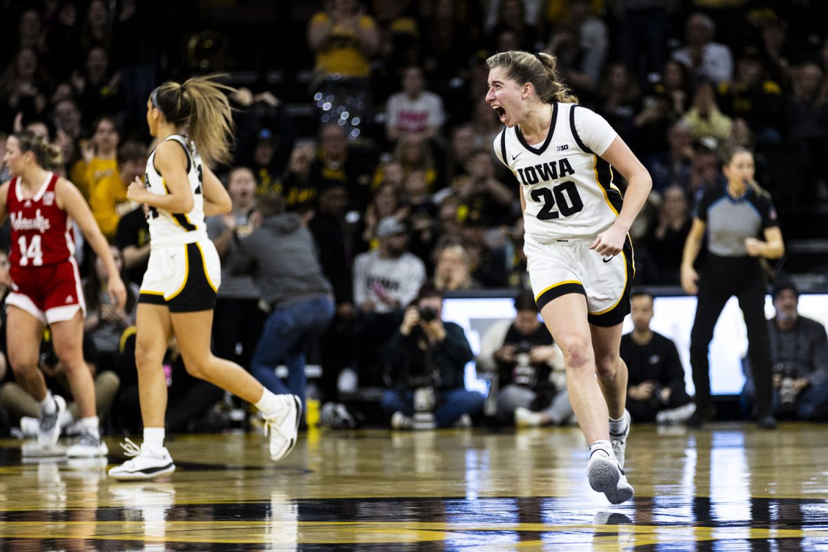 Iowa+guard+Kate+Martin+cheers+during+a+women%E2%80%99s+basketball+game+between+No.+5+Iowa+and+Nebraska+in+a+sold-out+Carver-Hawkeye+Arena+in+Iowa+City+on+Saturday%2C+Jan.+27%2C+2024.+The+Hawkeyes+defeated+the+Cornhuskers%2C+92-73.