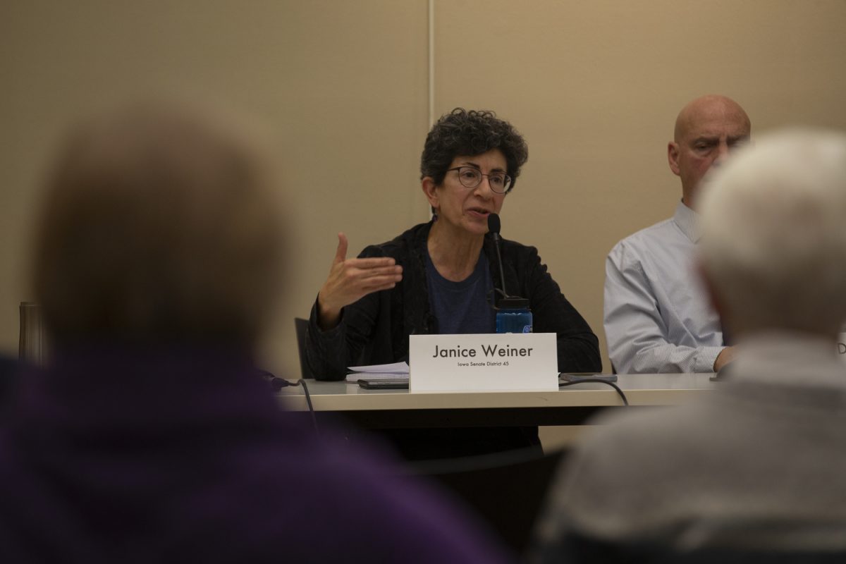 Iowa Sen. Janice Weiner, D-Iowa City, speaks at a public forum hosted by the League of Women’s Voters of Johnson County in the Iowa City Senior Center on Saturday, Jan. 27, 2024. The forum is the first of three scheduled during the 2024 Legislative session and the topic of discussion is education.