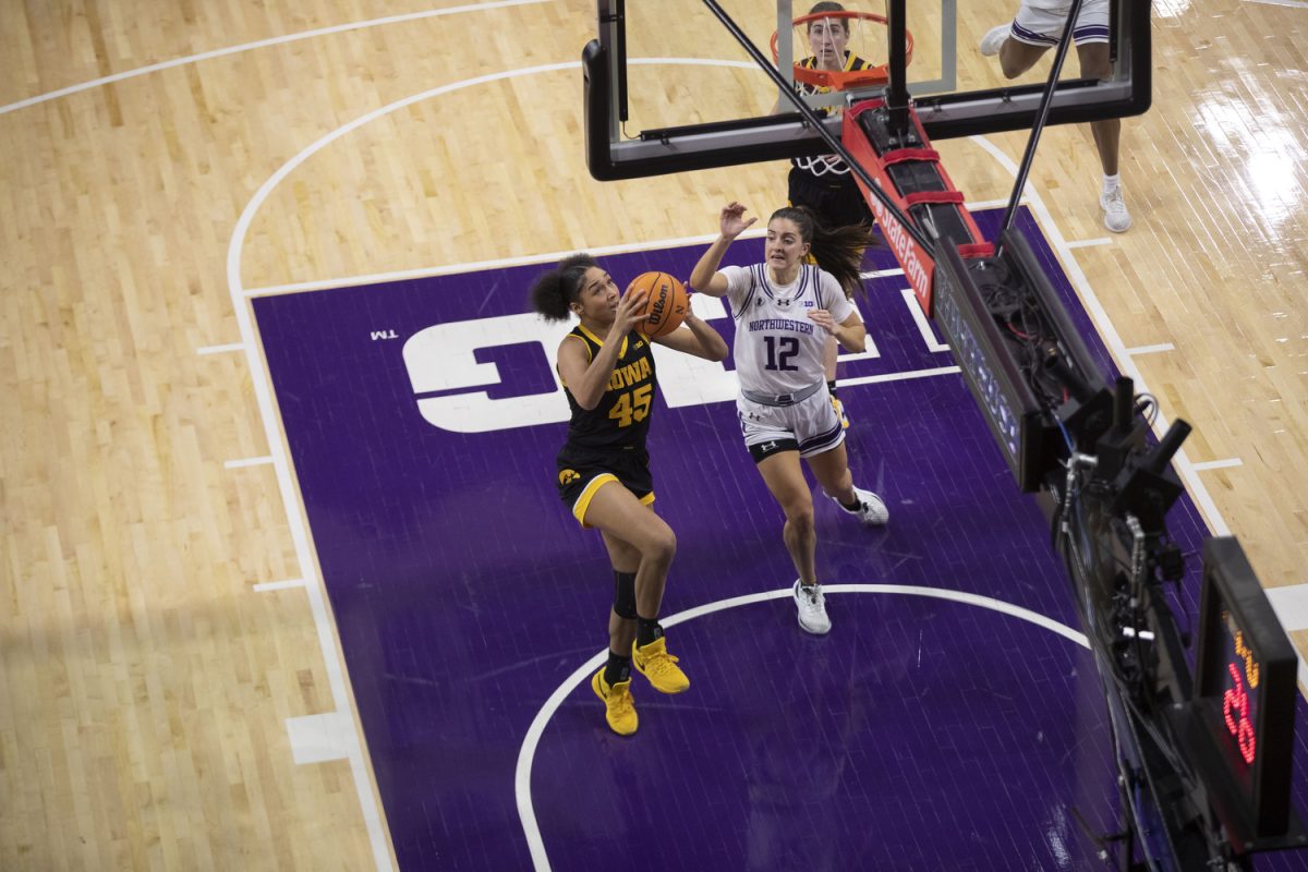 Iowa Forward Hannah Stuelke attempts a layup during a women’s basketball game between No. 3 Iowa and Northwestern at sold-out Welsh Ryan Arena in Evanston, Illinois, on Wednesday Jan. 31, 2024.