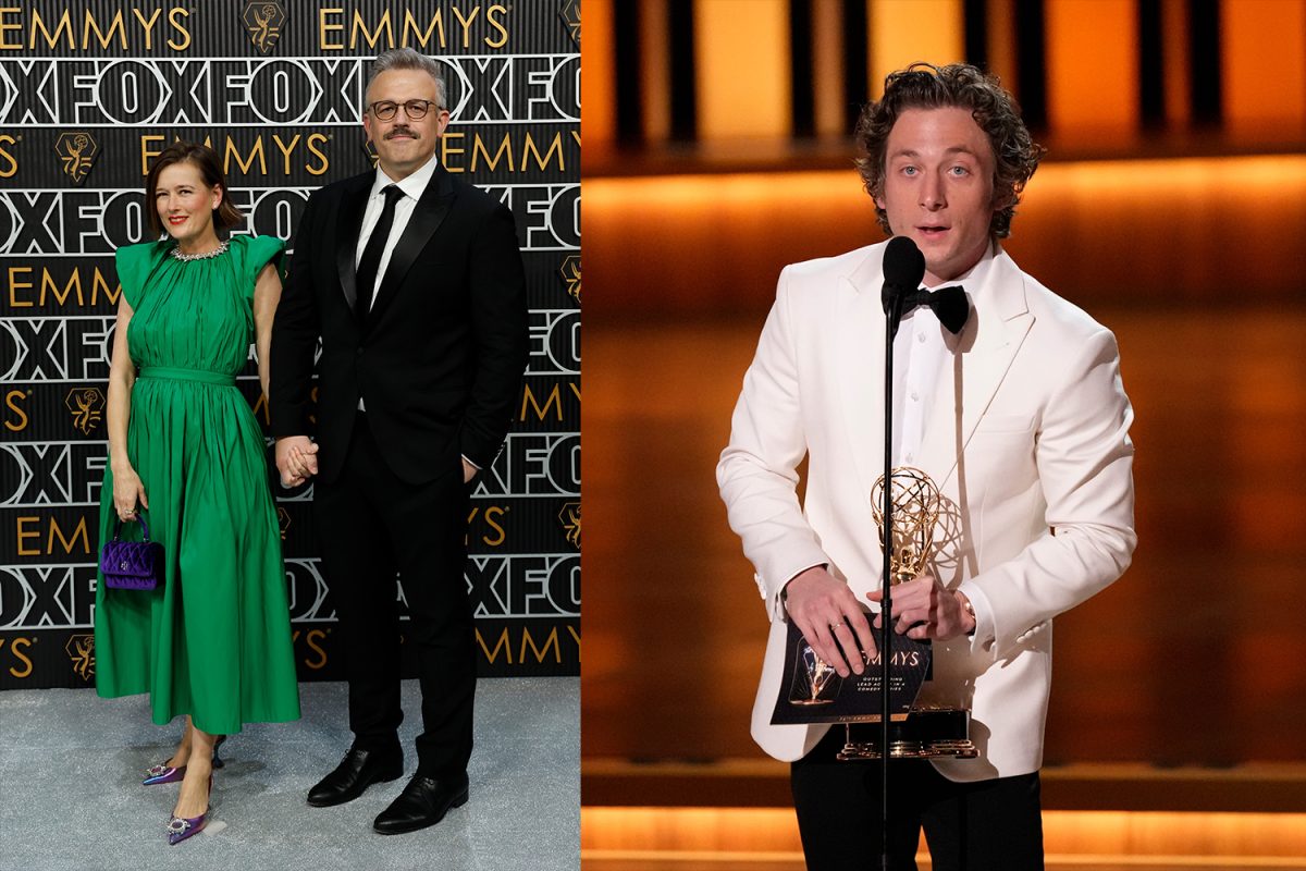 Jan 15, 2024; Los Angeles, CA, USA; Jake Szymanski and Caroline Szymanski at the 75th Emmy Awards at the Peacock Theater in Los Angeles on Monday, Jan. 15, 2024. Mandatory Credit: Kevork Djansezian-USA TODAY (left). Jeremy Allen White accepts the award for best lead actor in a drama series for his role as Carmen Carmy Berzatto in the FX series The Bear during the 75th Emmy Awards at the Peacock Theater in Los Angeles on Monday, Jan. 15, 2024 (Right).