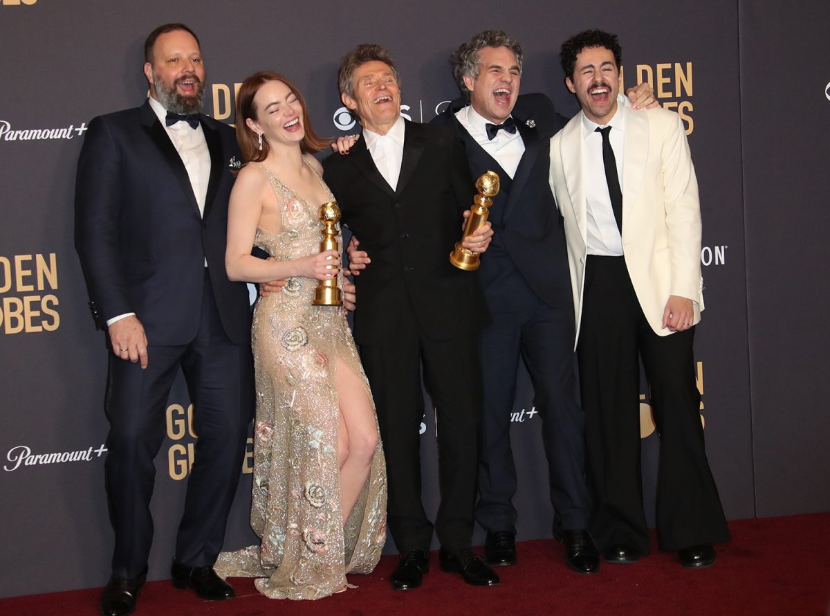 Jan 7, 2024; Beverly Hills, CA, USA; Yorgos Lanthimos, Emma Stone, Willem Dafoe, Mark Ruffalo and Ramy Youssef pose in the press room with the awards for Best Motion Picture - Musical or Comedy and Best Performance by a Female Actor in a Motion Picture - Drama for Poor Things at the Beverly Hilton Hotel in Beverly Hills, Calif.. Mandatory Credit: Dan MacMedan-USA TODAY