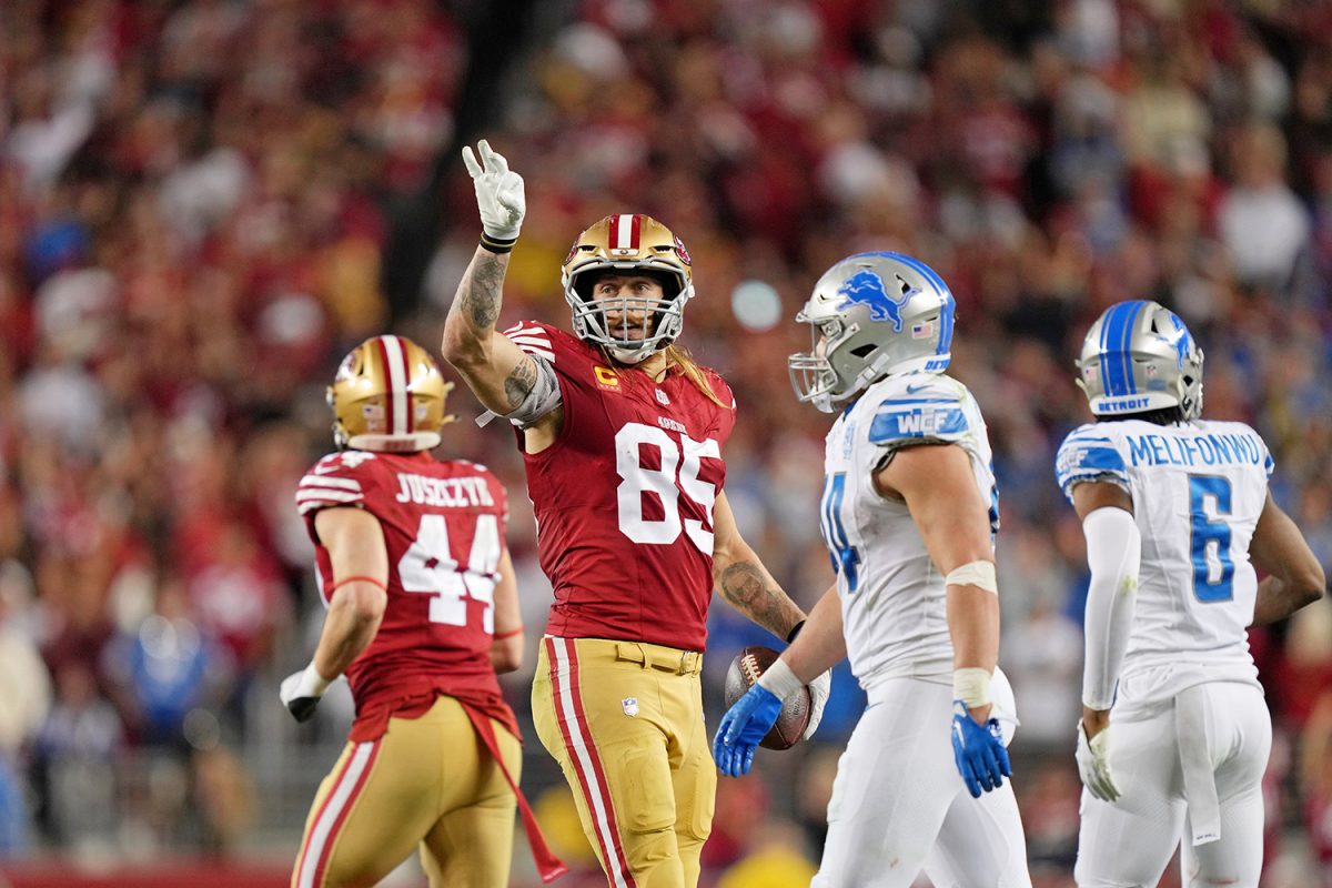Jan 28, 2024; Santa Clara, California, USA; San Francisco 49ers tight end George Kittle (85) reacts after a first down against the Detroit Lions during the second half of the NFC Championship football game at Levis Stadium. Mandatory Credit: Kyle Terada-USA TODAY Sports