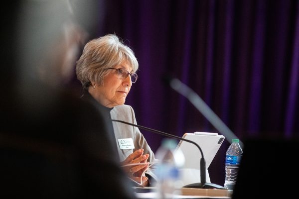 Iowa Board of Regents President of Pro Tem Sherry Bates listens to a speaker during a board meeting in Cedar Falls, Iowa on Wednesday, Nov. 15, 2023.