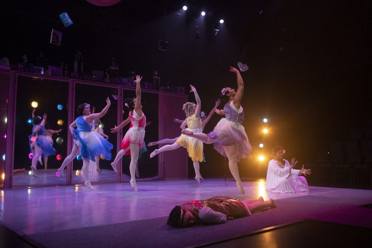 The cast of Dance Nation performs during a dress rehearsal for “Dance Nation” at David Thayer Theatre on Feb. 1, 2024.