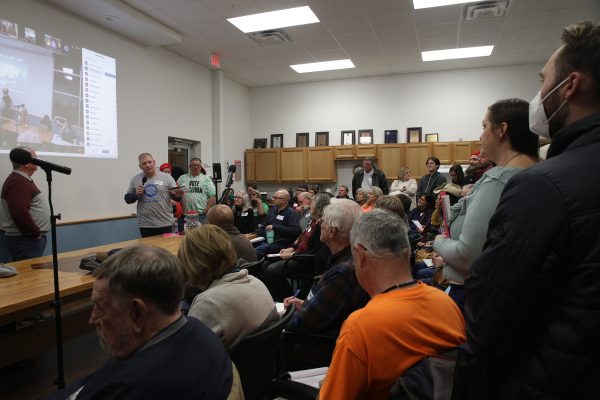 Members of the Johnson County Democratic Party’s Central Committee meet at Carpenters Local in Iowa City on Thursday Feb. 1, 2024. The committee was voting on whether to censure the Johnson County Attorney Rachel Zimmermann Smith.