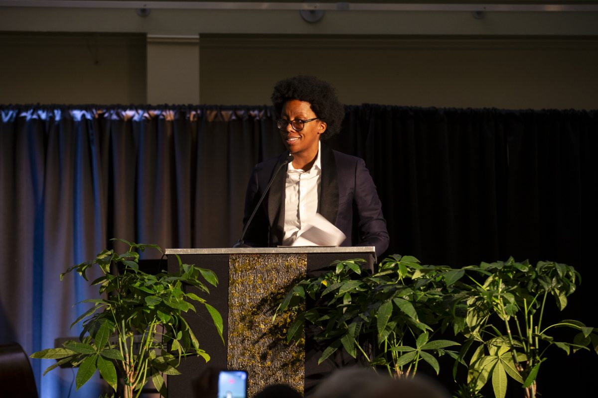 University+of+Iowa+professor+Donika+Kelly+performs+a+poem+during+the+inaugural+Black+History+Ball+at+the+Iowa+City+Senior+Center+in+Iowa+City+on+Friday%2C+Feb.+3%2C+2024.+Several+organizers+planned+the+ball+for+over+five+months.