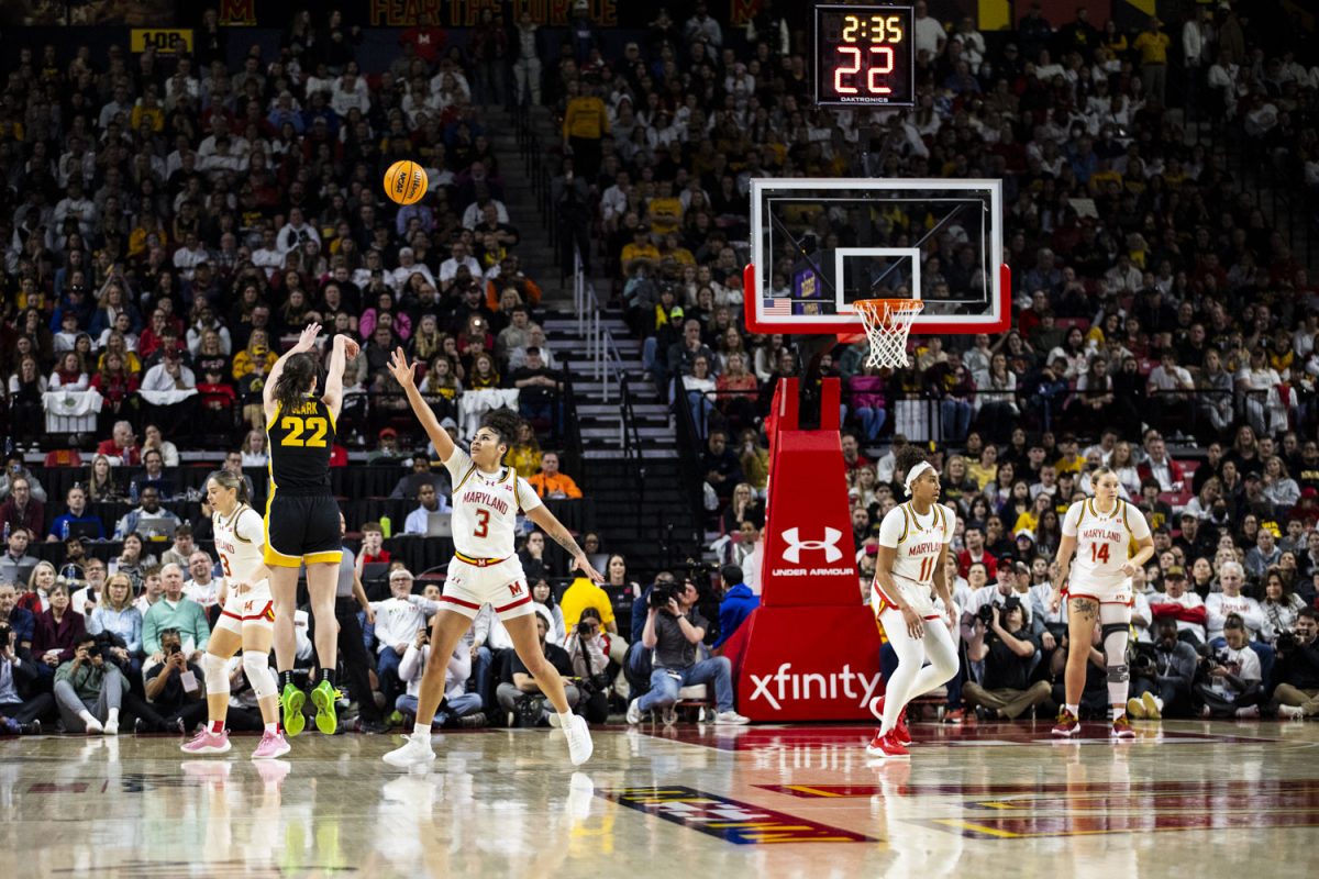 Iowa guard Caitlin Clark shoots a three-pointer during a women’s basketball game between No. 3 Iowa and Maryland at a sold-out Xfinity Center in College Park, Md., on Saturday, Feb. 3, 2024.
