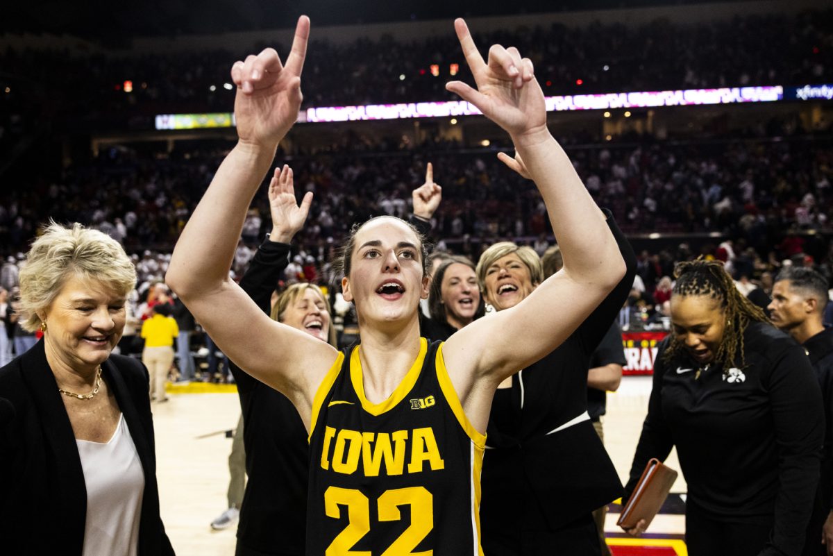 Iowa guard Caitlin Clark celebrates a win during a women’s basketball game between No. 3 Iowa and Maryland at a sold-out Xfinity Center in College Park, Md., on Saturday, Feb. 3, 2024. The Hawkeyes defeated the Terrapins, 93-85.
